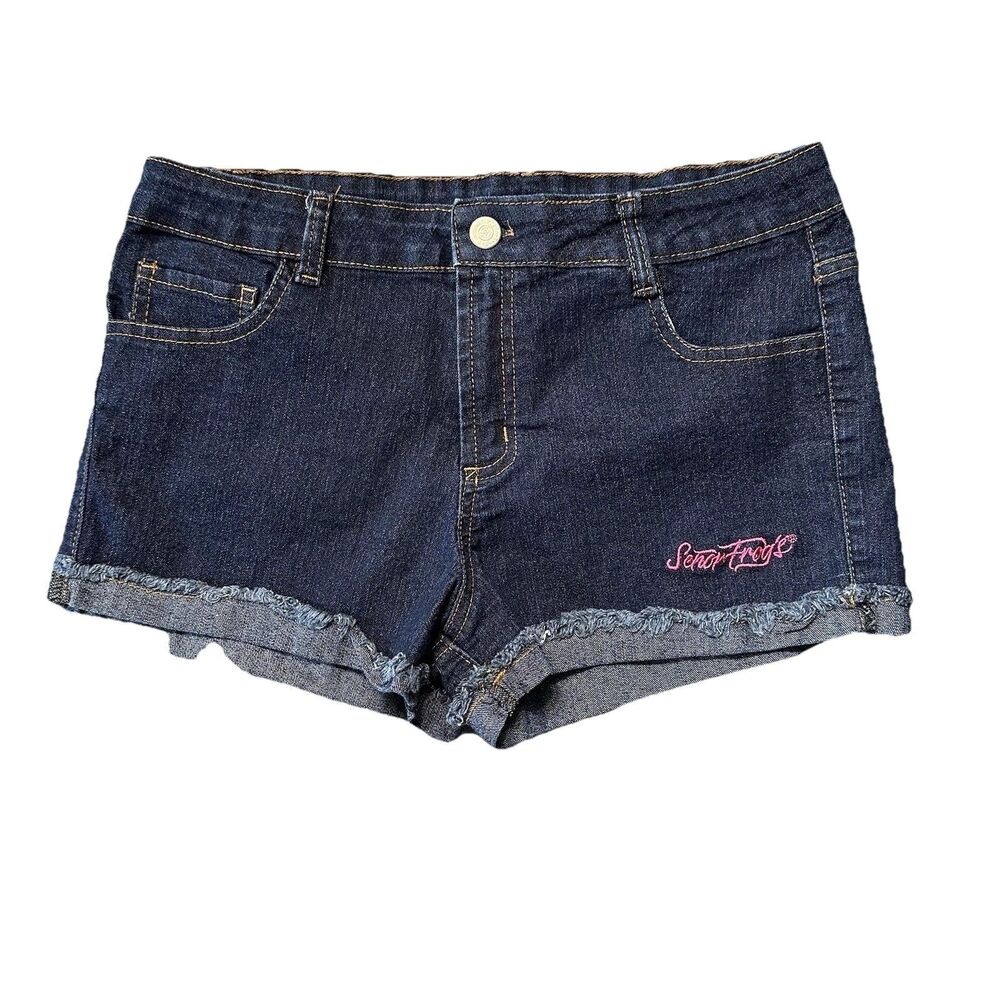 Senor Frogs Womens 7 Cuffed Mid Rise Denim Shorts Blue Dark Wash Stretch Y2K EUC